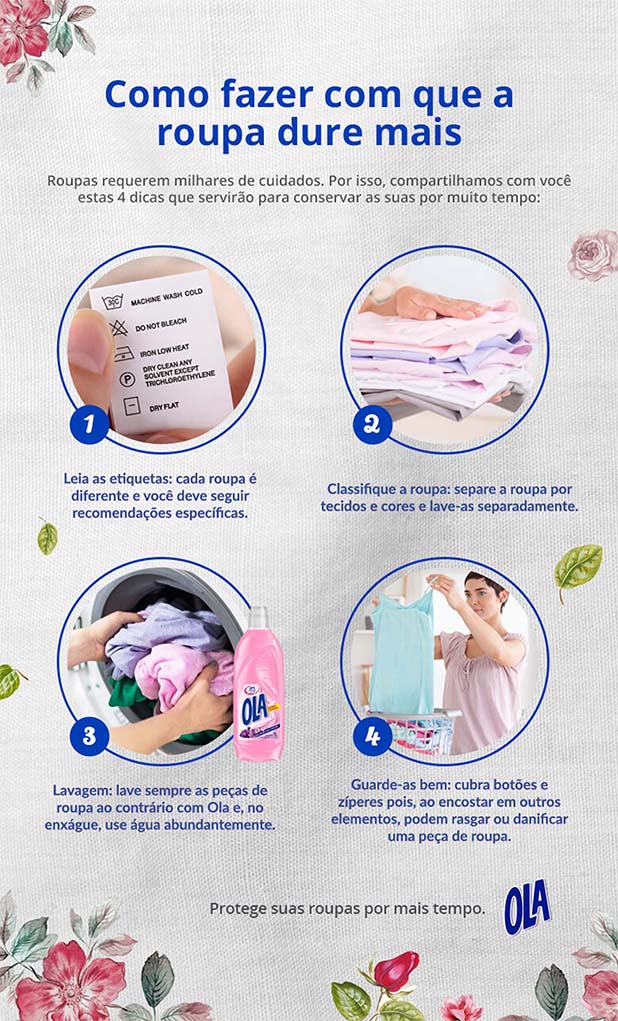 Infográfico que mostra como fazer a roupa durar mais nas lavagens com sabão OLA, inclusive na hora de tirar amarelado de colarinho de camisa